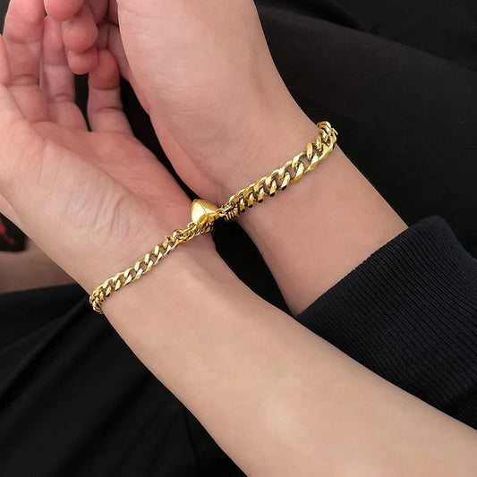 2Pcs/Set Magnet Couple Bracelets Heart Attraction Bracelet Stainless Steel Charm Simple Cuban Chains Key Lock Jewelry Gifts